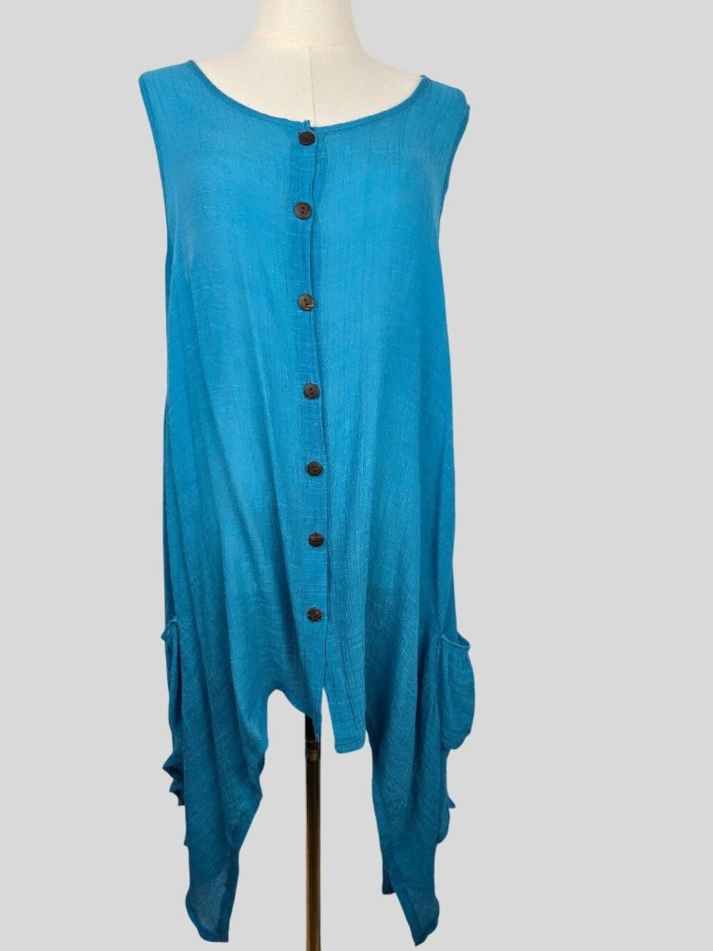 India Boutique Blue Gauze Asymmetric‎ Dress OS Sleeveless Button Pockets Coverup